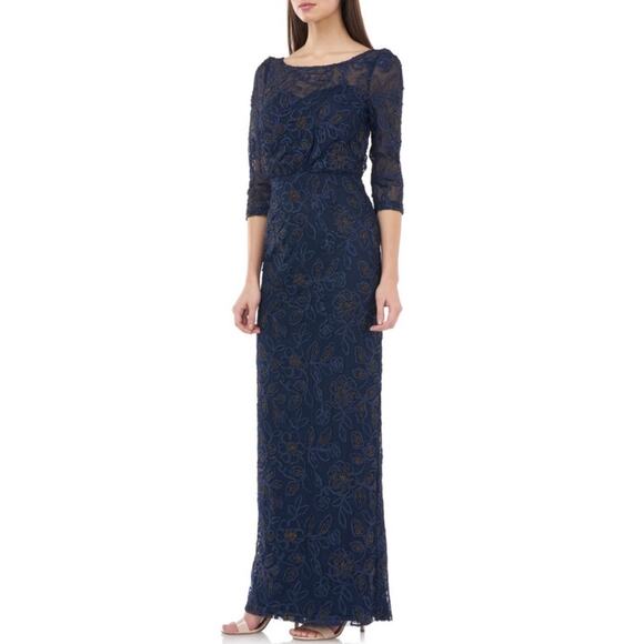 JS Collections Metallic Soutache Blouson Mesh Gown in Navy Gold, Size 10 - Picture 3 of 11